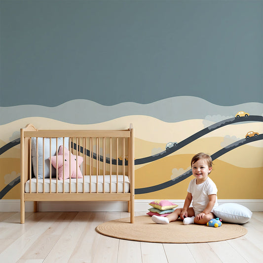 Kids-Mundo desert road wall mural with colourful cars, made to measure and shown in a soft neutral nursery.