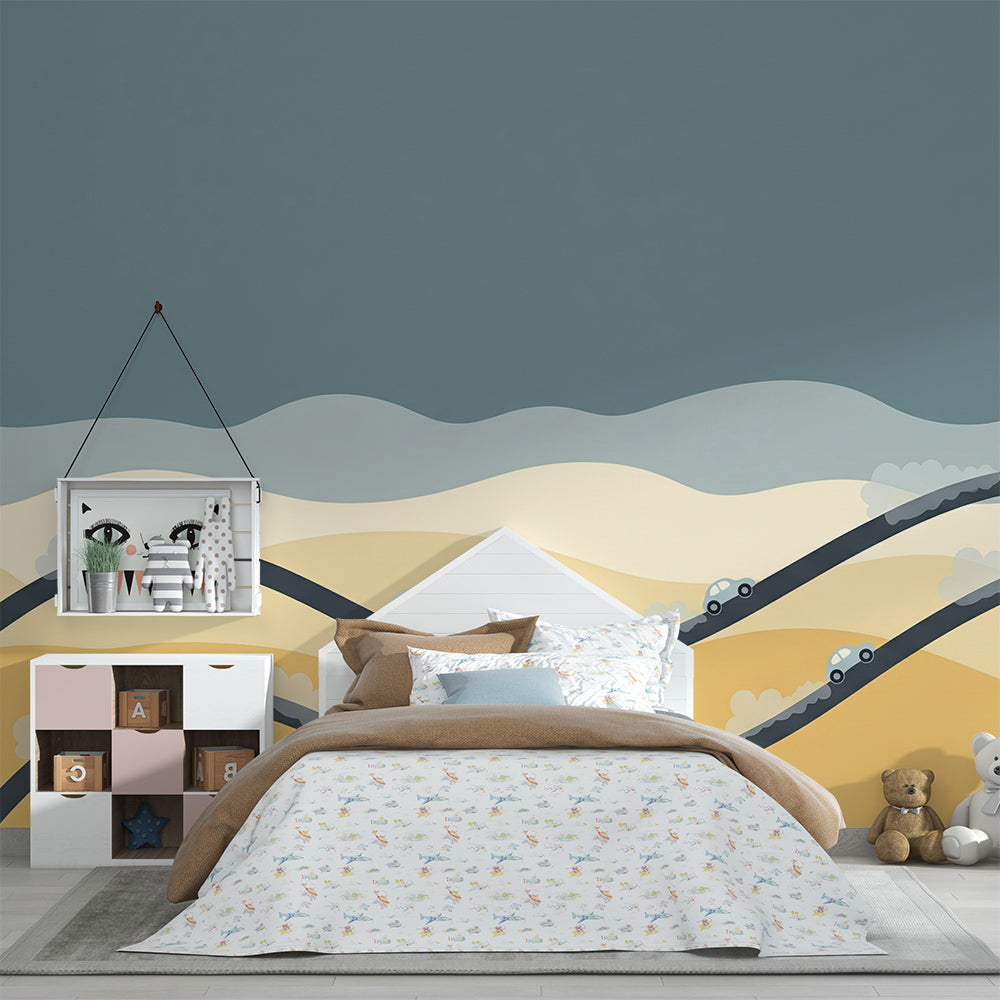 Kids-Mundo desert road car wall mural, made to measure and pictured in a bright children's playroom.