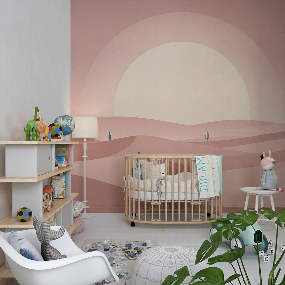 Kids-Mundo desert wall mural with cacti made to measure for a bright kids bedroom feature wall