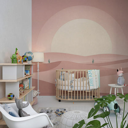 Kids-Mundo desert wall mural with cacti made to measure for a bright kids bedroom feature wall