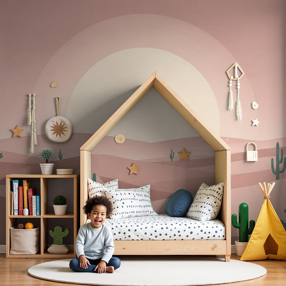 Kids-Mundo pastel desert cacti wall mural in a calm nursery with soft dunes and a glowing sun