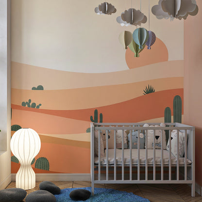 Kids-Mundo sunset desert wall mural with saguaro cacti brightening a children's playroom wall