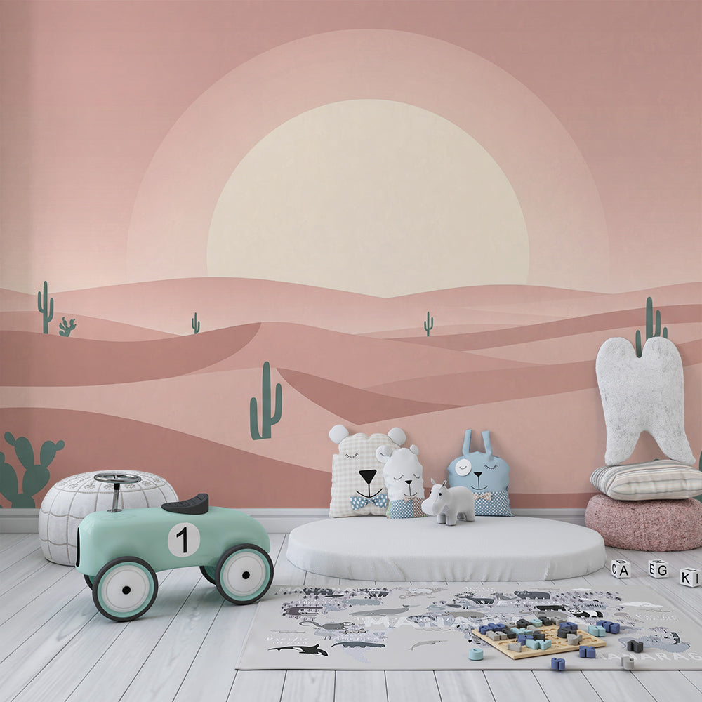 Kids-Mundo desert sunset mural with tall cacti covering a playroom wall from floor to ceiling