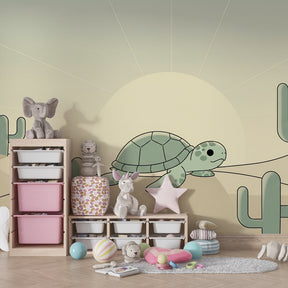 Cute turtle desert wallpaper creating peaceful kids bedroom decor with soft pastel colors