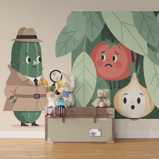 Kids-Mundo cucumber detective wall mural on a feature wall in a playful kids bedroom.