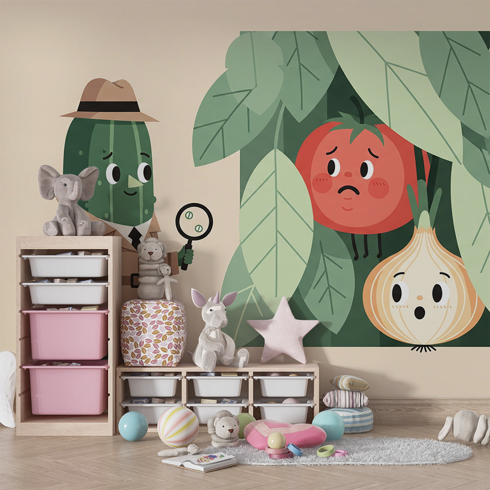 Kids-Mundo cucumber detective and vegetable friends wall mural covering a playroom wall.