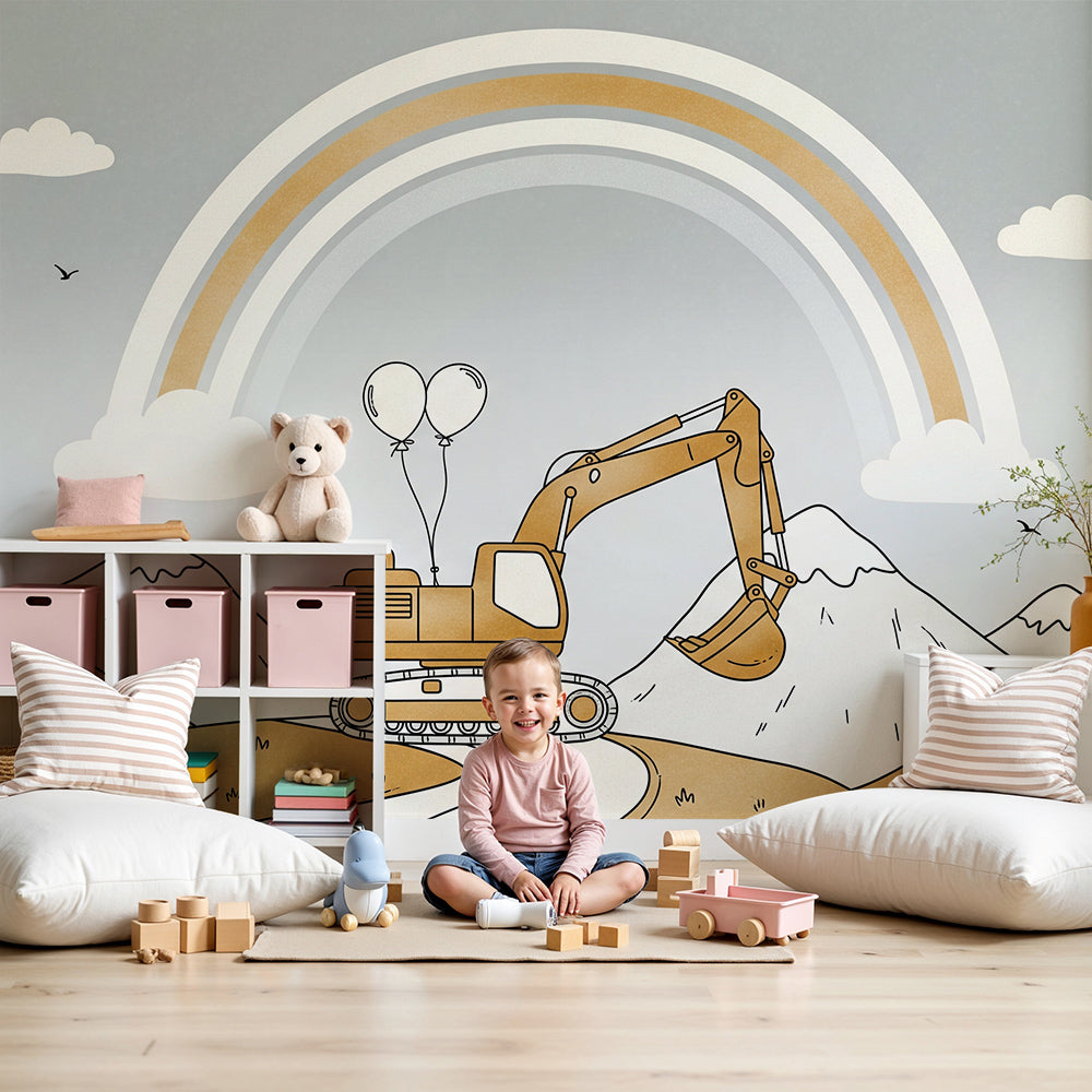 Kids-Mundo rainbow digger wall mural in a nursery with a white cot and mustard cushion.