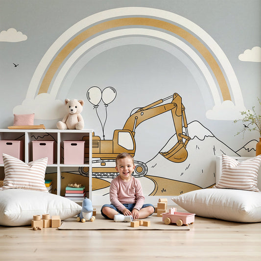 Kids-Mundo rainbow digger wall mural in a nursery with a white cot and mustard cushion.