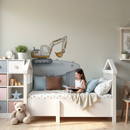 Kids-Mundo digger and balloon wall mural in a nursery with a pale cot and linen curtains.