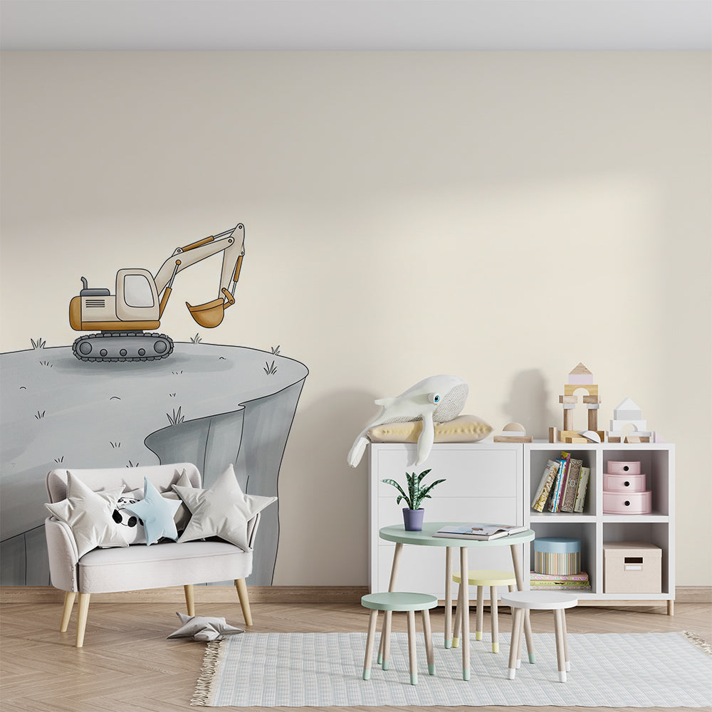Kids-Mundo cliff edge digger wall mural in a calm playroom with a floor cushion and shelf.