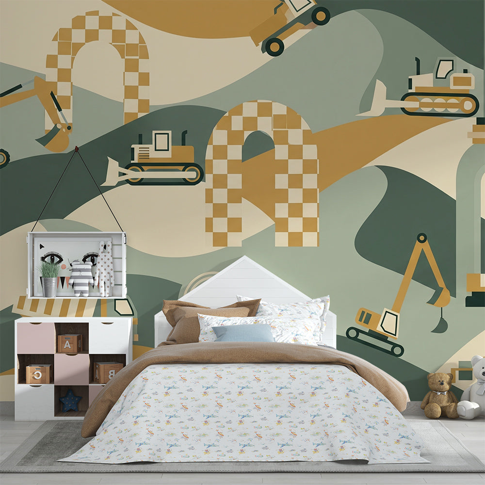 Kids-Mundo digger wall mural with checkered arches covering a feature wall in a kids' bedroom