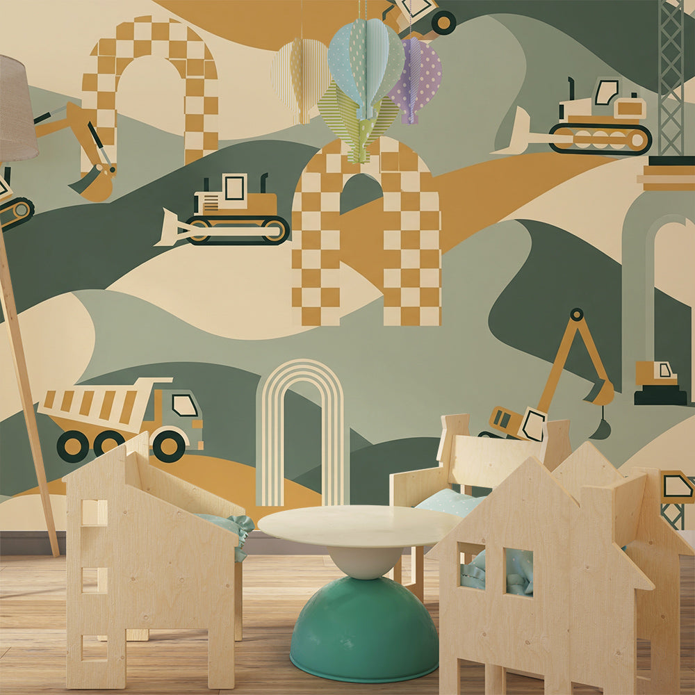 Kids-Mundo digger and geometric arches wall mural brightening a colourful children's playroom
