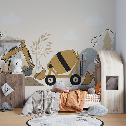 Kids-Mundo construction vehicles wall mural covering a kids bedroom wall above a single bed.