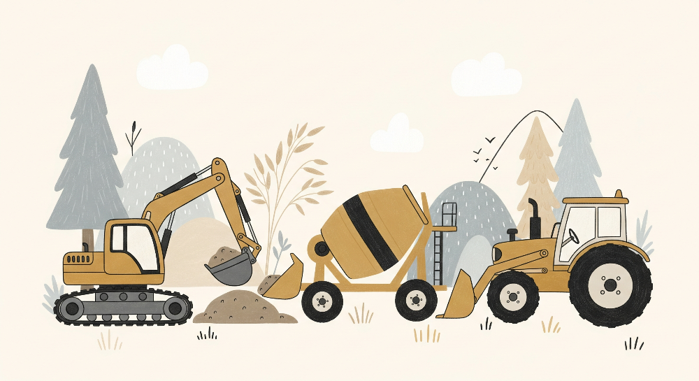 Digger, Cement Mixer and Tractor Wall Mural