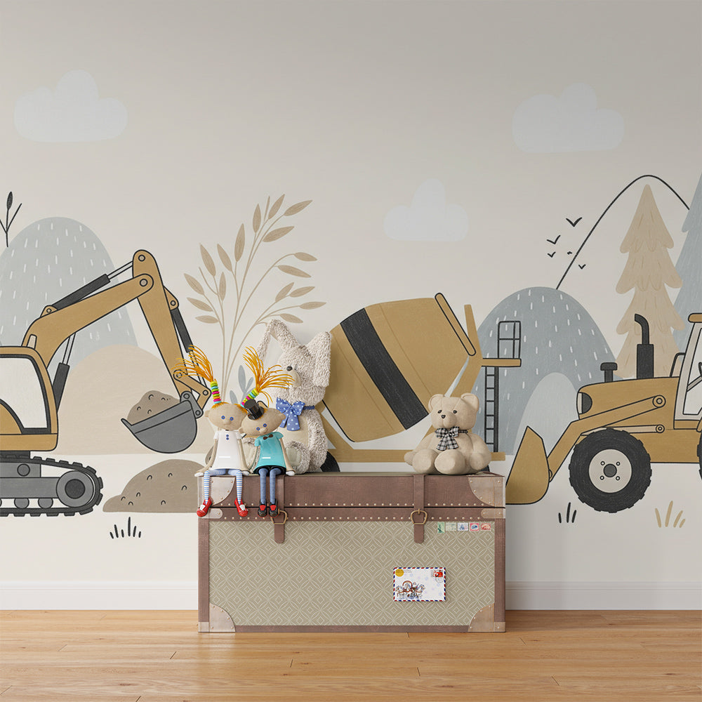Kids-Mundo digger and tractor wall mural in a playroom with wooden toy vehicles on the floor.