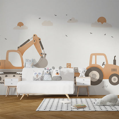Kids-Mundo construction vehicles and alphabet mural, printed made to measure for a kids' bedroom wall.
