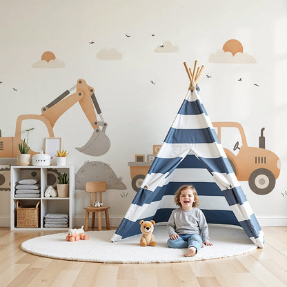 Kids-Mundo digger and tractor wall mural with alphabet blocks, made to measure for a soft nursery.
