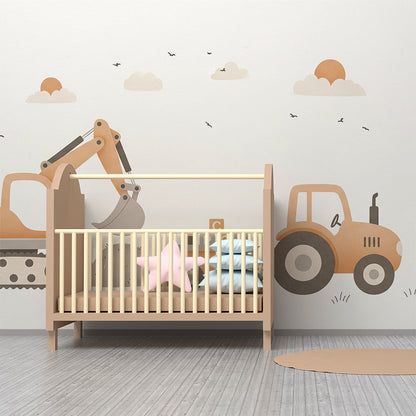 Kids-Mundo digger, tractor and alphabet block mural, made to measure and pictured in a playroom.