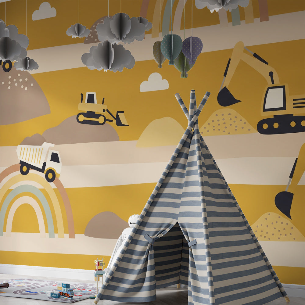 Kids-Mundo construction wall mural with diggers and trucks in a fun kids' bedroom setting