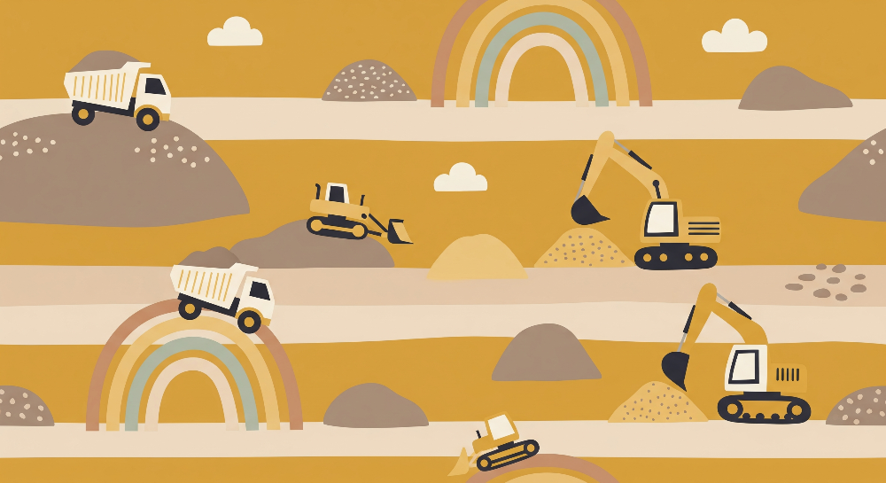 Diggers and Dump Trucks Rainbow Wall Mural