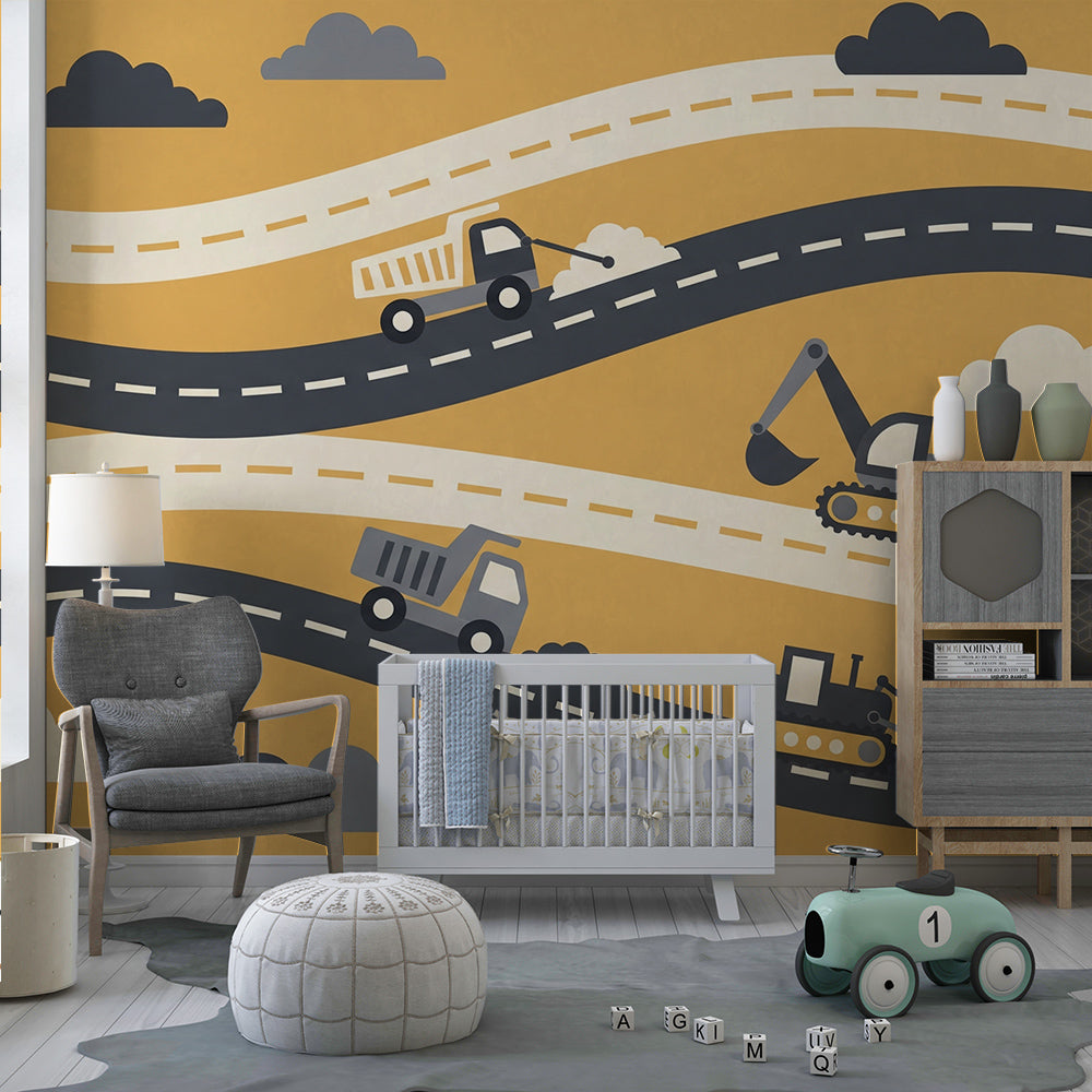 Kids-Mundo winding road digger wall mural brightening a busy children's playroom wall.