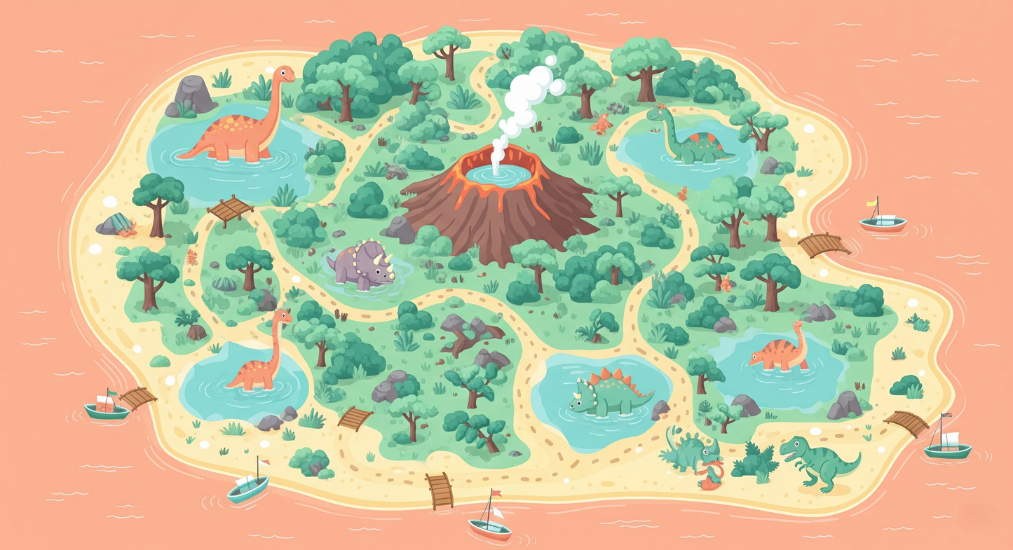 Kids-Mundo flat artwork of a detailed dinosaur island map with bridges, boats and a volcano