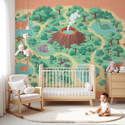 Kids-Mundo dinosaur adventure island map wall mural styled in a warm coral nursery