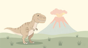 Detailed dinosaur adventure mural wallpaper design pattern showing friendly dino and volcano by Kids-Mundo