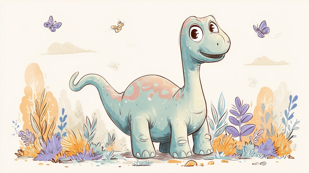 Kids-Mundo flat artwork preview of the friendly dinosaur and butterfly meadow design for this mural.