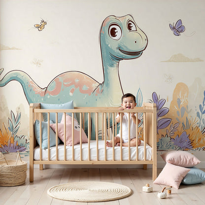 Kids-Mundo dinosaur and butterfly wall mural in a soft nursery with lilac accents and natural light.