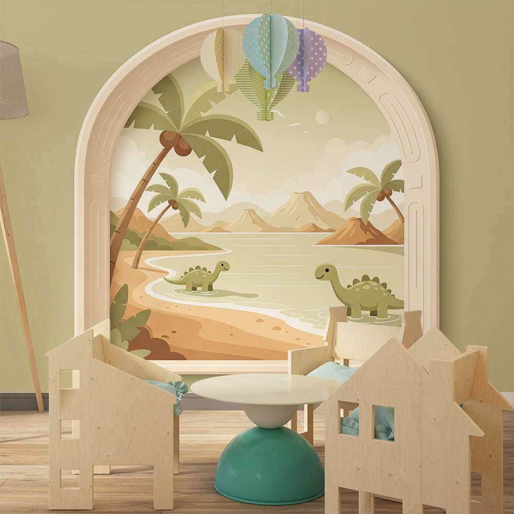 Kids-Mundo dinosaur beach window mural featured on a kids bedroom wall