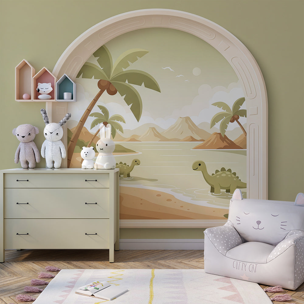 Kids-Mundo dinosaur beach wall mural bringing a sunny coastal scene into a playroom