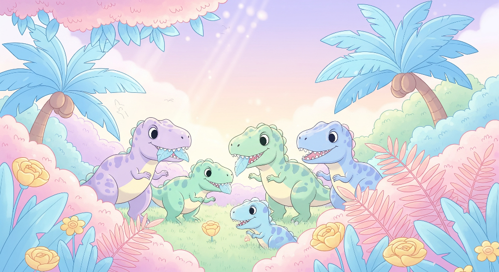 Kids-Mundo flat artwork of a happy dinosaur family in a candy-coloured pastel jungle