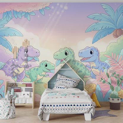 Kids-Mundo dinosaur family mural with palm trees and flowers decorating a playroom wall