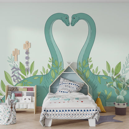 Kids-Mundo dinosaur duo wall mural forming a heart on a child's bedroom feature wall