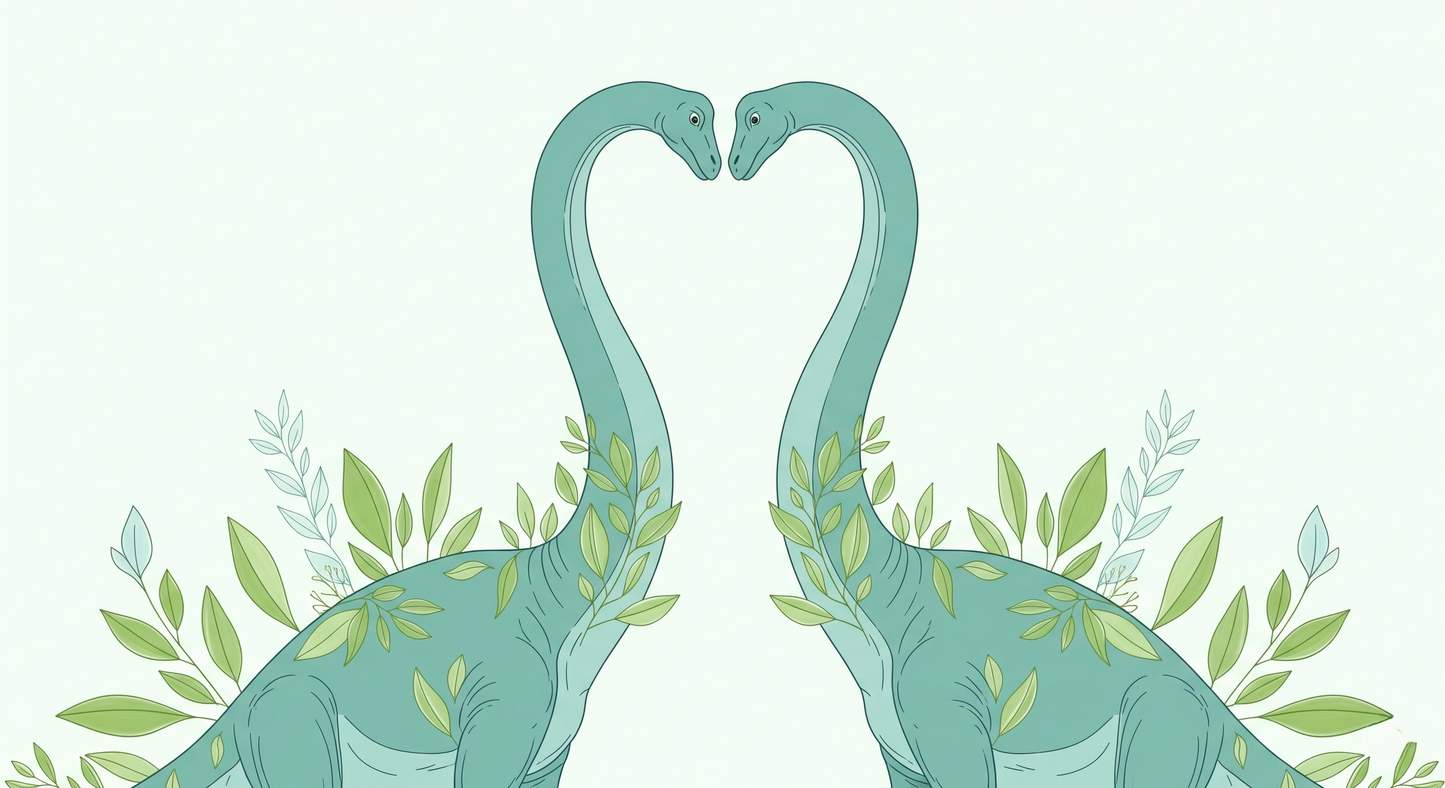 Kids-Mundo flat artwork of two teal dinosaurs forming a heart shape among leaves