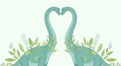 Kids-Mundo flat artwork of two teal dinosaurs forming a heart shape among leaves