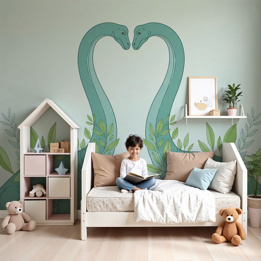 Kids-Mundo dinosaur heart wall mural styled above a cot in a soft mint nursery
