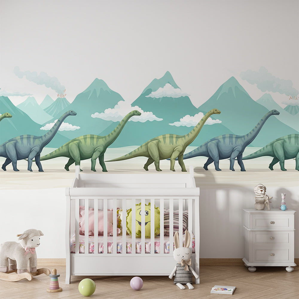 Kids-Mundo dinosaur mountain wall mural covering a kids' bedroom wall behind a single bed and toy shelf.