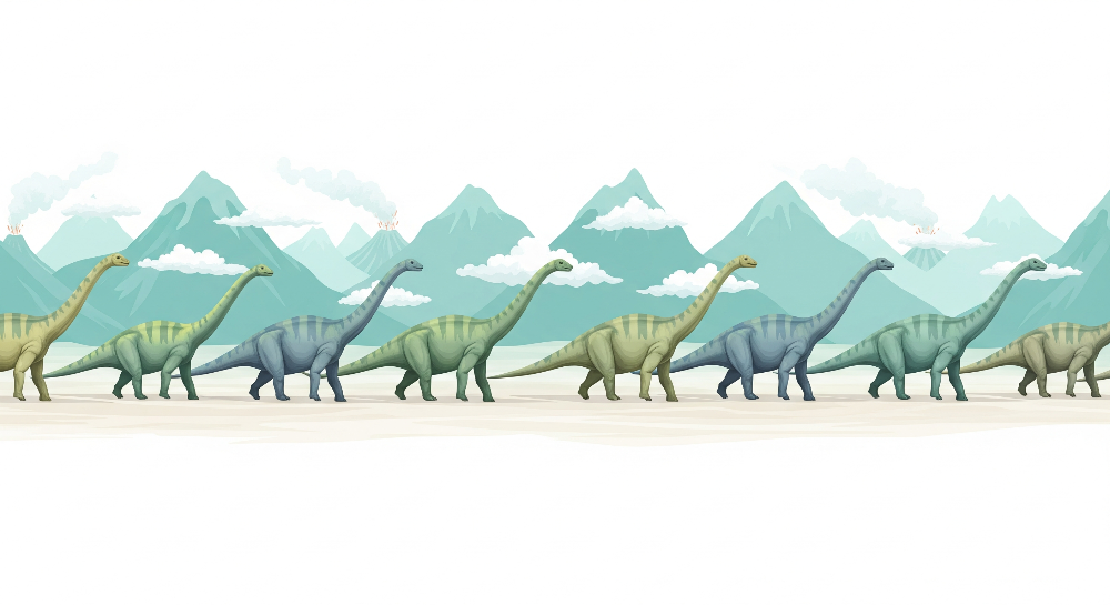 Kids-Mundo flat artwork preview of the repeating dinosaur and misty mountain pattern used for this mural.