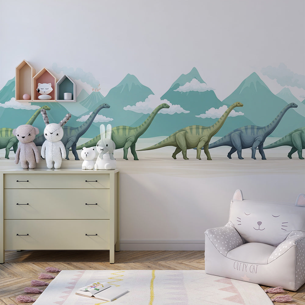 Kids-Mundo dinosaur mountain wall mural setting the scene in a playroom with building blocks and rugs.