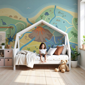 Dinosaur island mural wallpaper creating prehistoric adventure theme in modern kids bedroom by Kids-Mundo