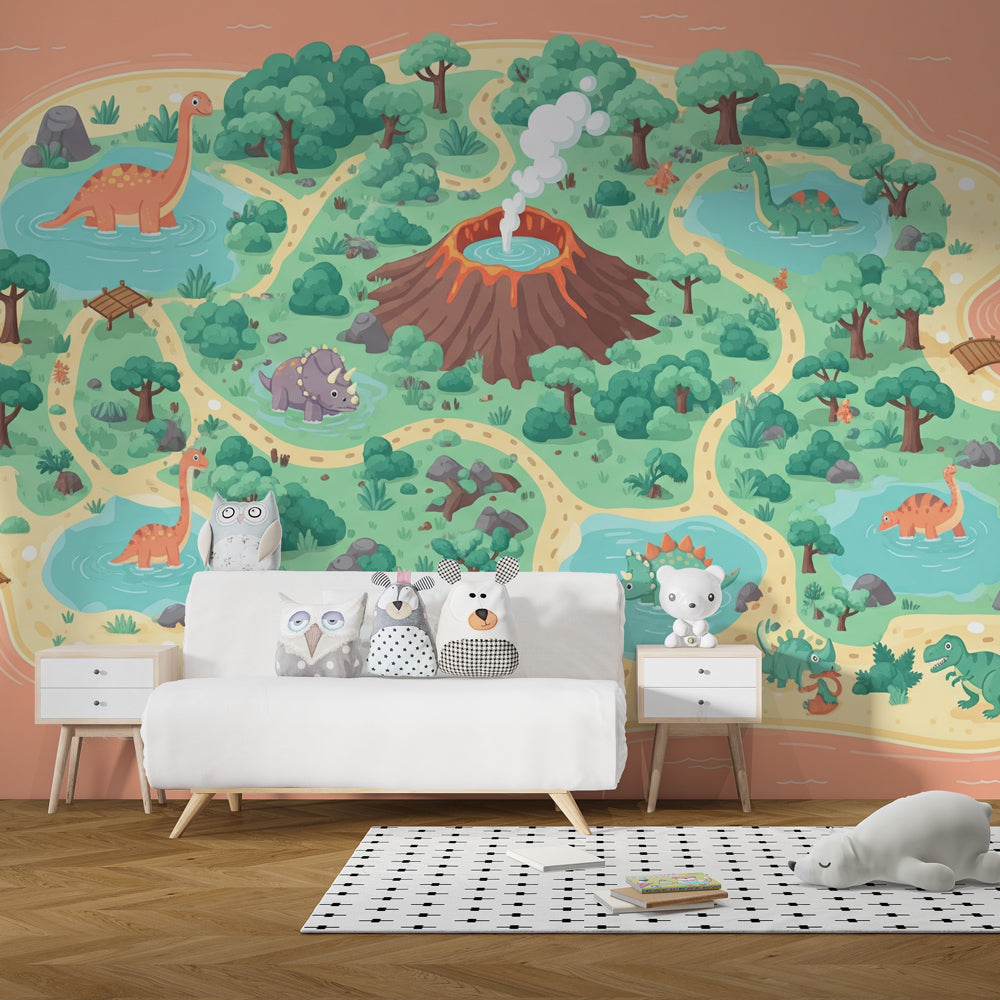 Interactive dinosaur adventure wallpaper transforming kids bedroom into tropical prehistoric world