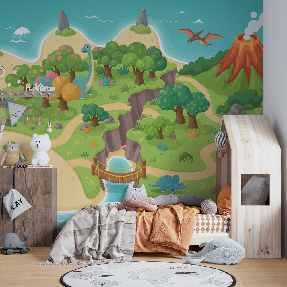 Tropical dinosaur wallpaper creating prehistoric adventure atmosphere in children's bedroom