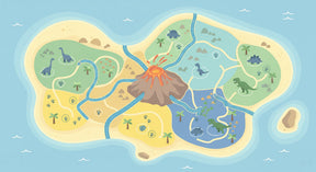 Detailed dinosaur island map mural wallpaper design pattern with volcano and prehistoric creatures by Kids-Mundo