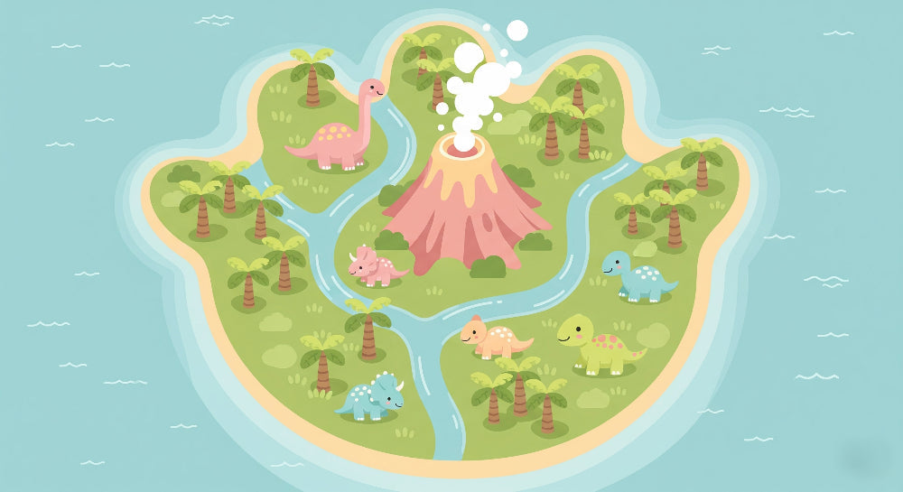 Detailed dinosaur island mural wallpaper design pattern with volcano and tropical elements by Kids-Mundo