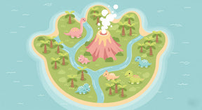 Detailed dinosaur island mural wallpaper design pattern with volcano and tropical elements by Kids-Mundo