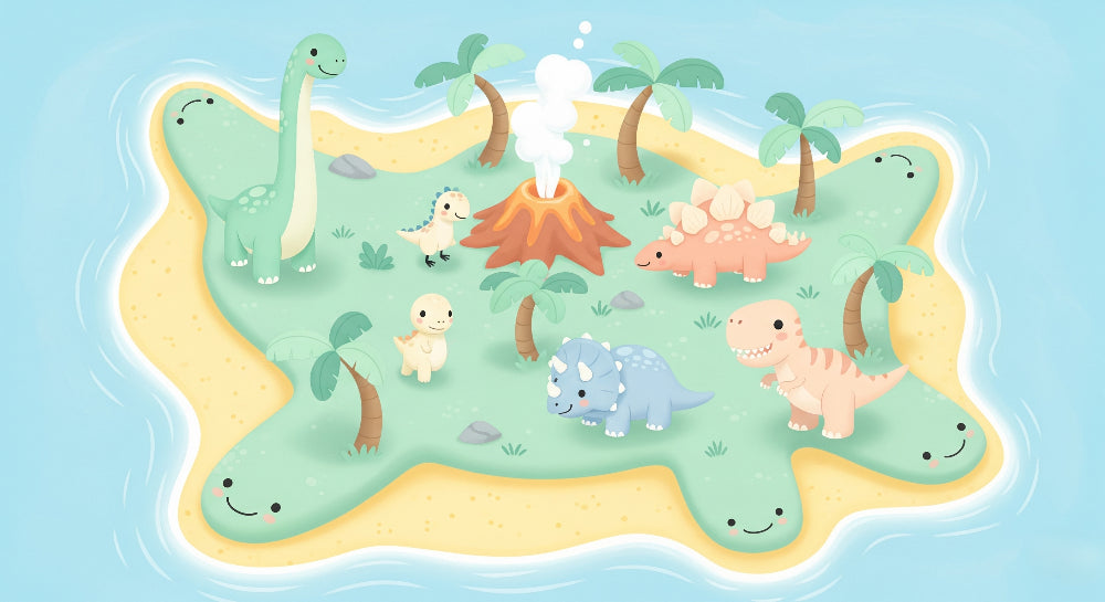 Detailed prehistoric dinosaur island mural wallpaper design pattern with tropical elements by Kids-Mundo