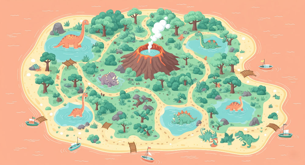 Detailed dinosaur island mural wallpaper design pattern showing prehistoric adventure map by Kids-Mundo