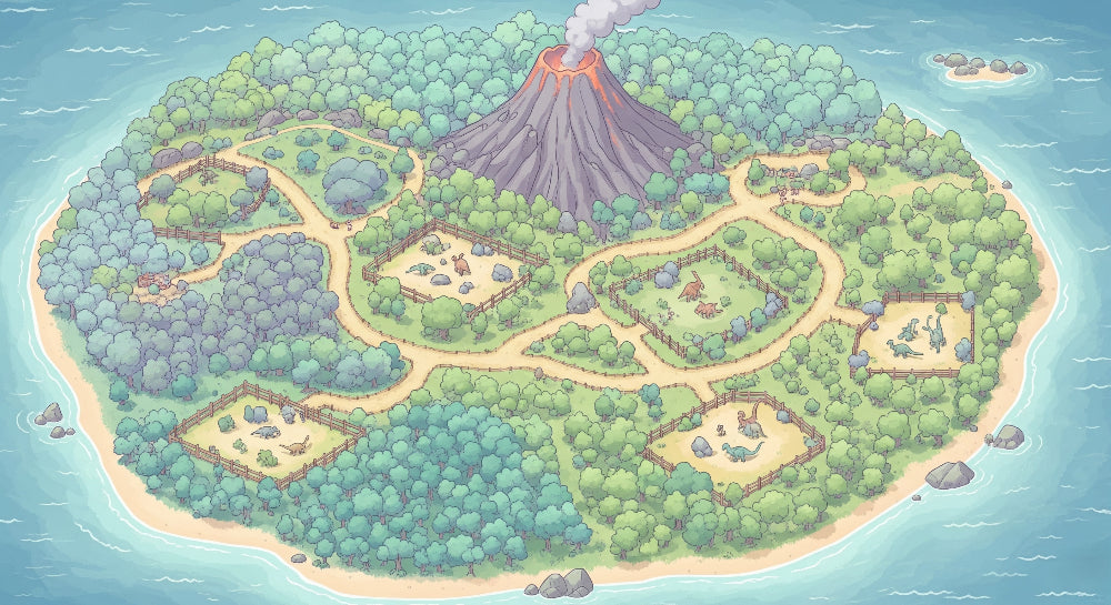 Detailed dinosaur island with volcano mural wallpaper design pattern by Kids-Mundo